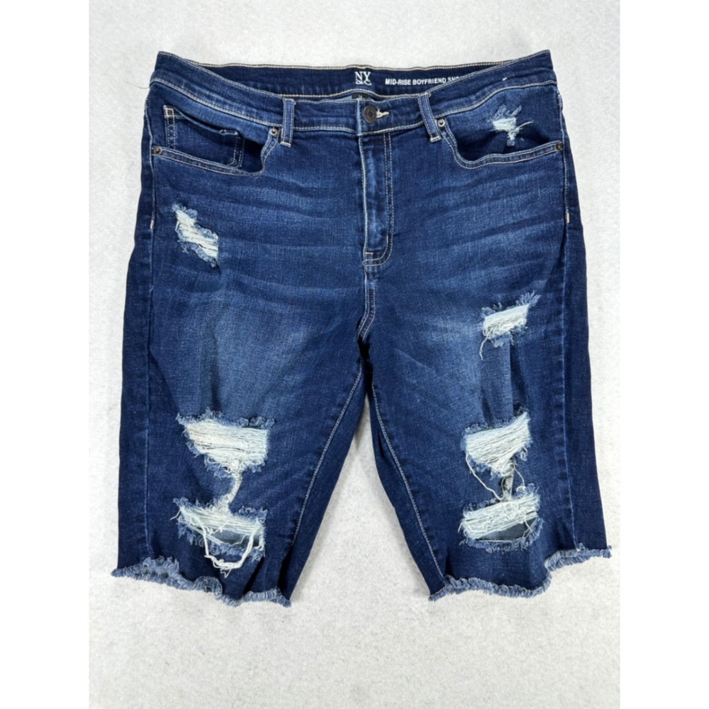 New York & Company Mid-Rise Boyfriend Shorts Distressed Denim Dark Wash Size 14